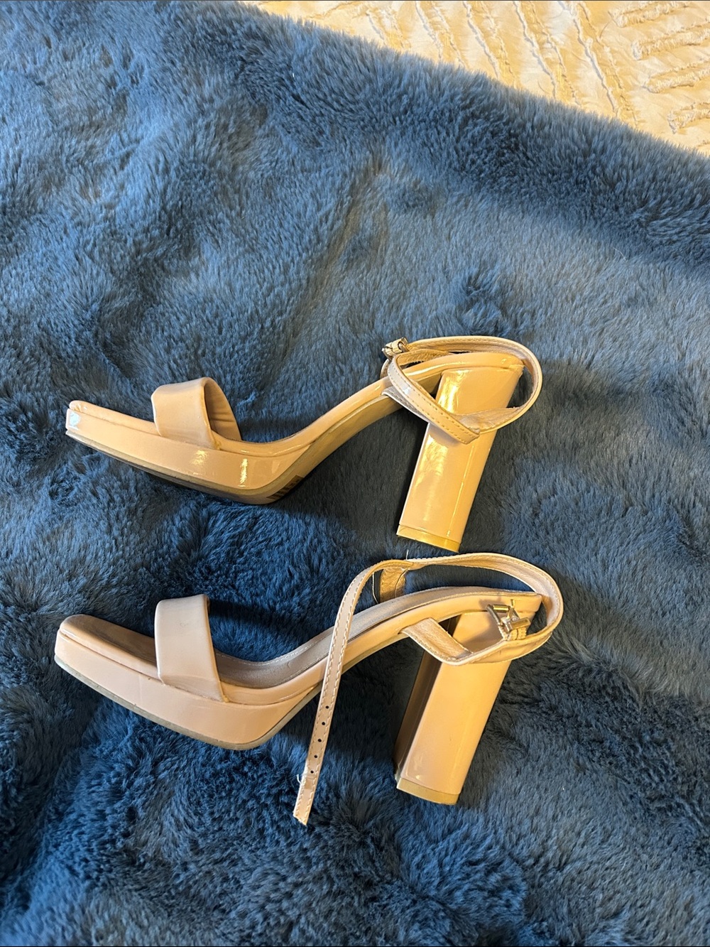 Patent Block Heel Sandals in Nude with Ankle Strap